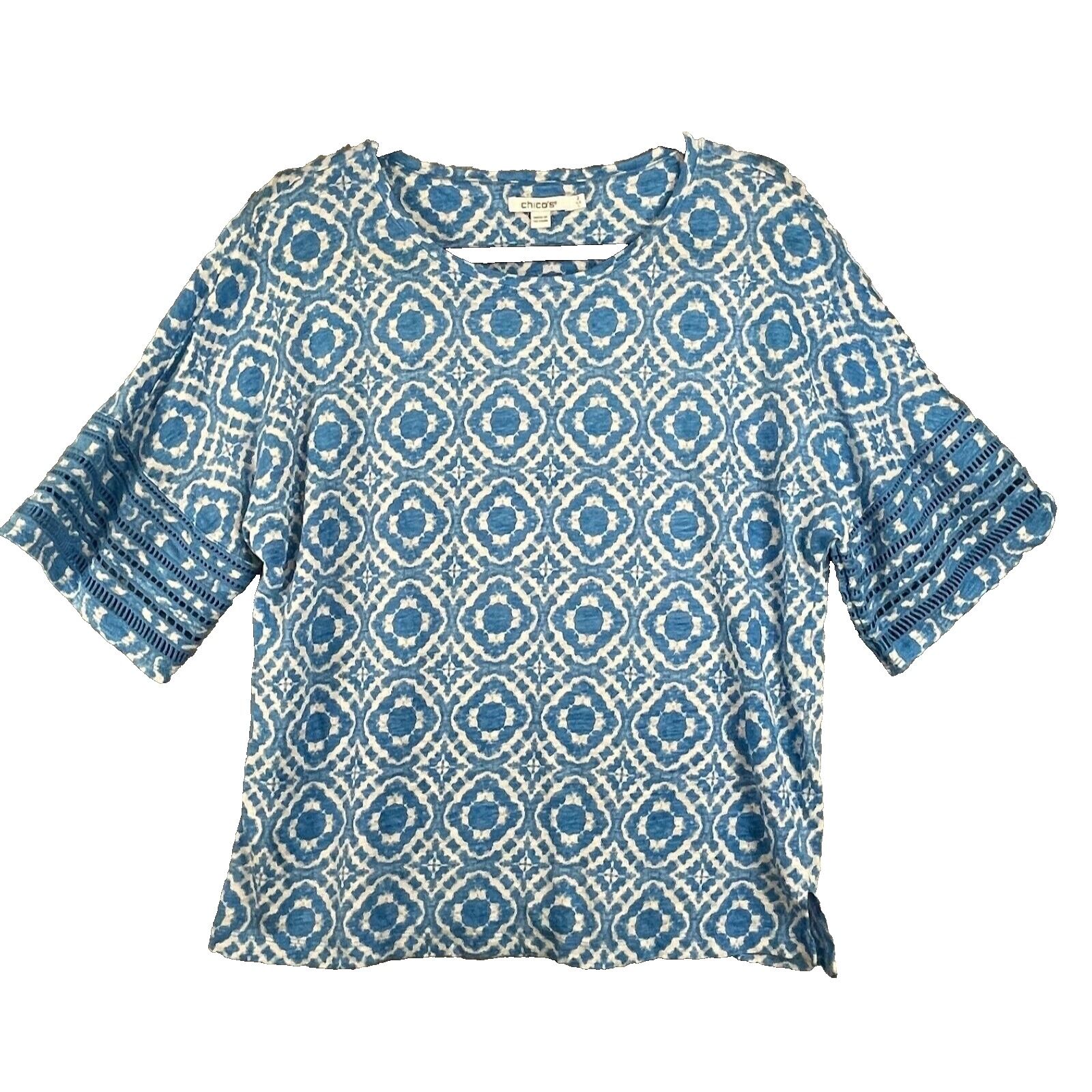 Chicos Top Womens Large Blue Geometric Linen Shirt Lagenlook Beachy Half Sleeve